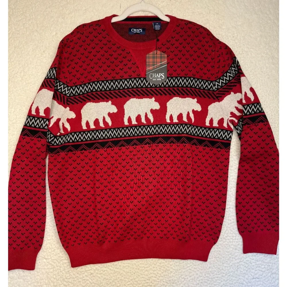 NWT Chaps Sweater Fair Isle Polar Bear All Over Design Crew Neck Pullover‎ Large